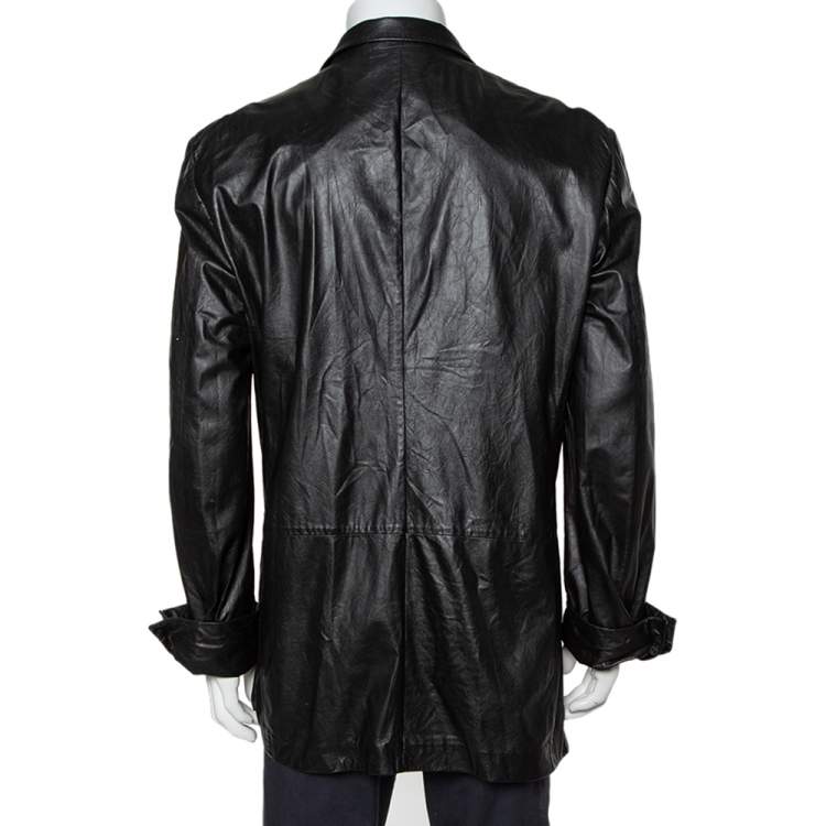 Pre Owned Gucci Black Leather Button Front Blazer 3XL 