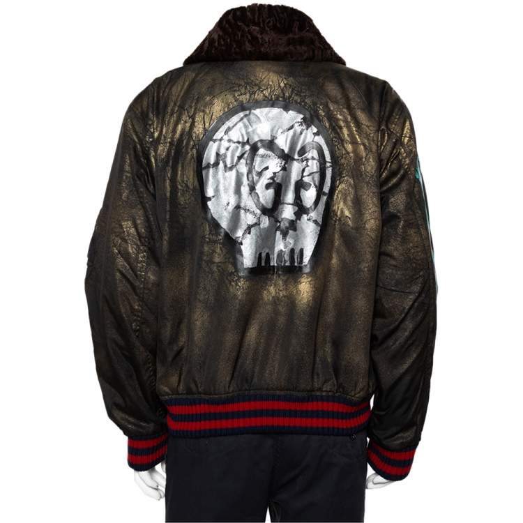 Pre Owned Gucci Metallic Ghost Handpainted Synthetic & Fur Trim  Bomber Jacket XXL