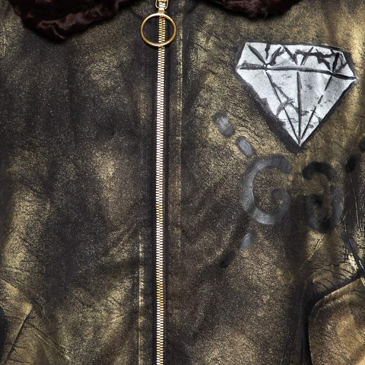 Pre Owned Gucci Metallic Ghost Handpainted Synthetic & Fur Trim  Bomber Jacket XXL