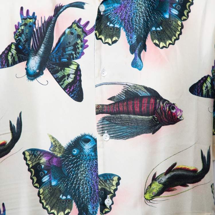 Pre Owned Gucci Multicolor Fish Print Silk Short Sleeve Shirt M