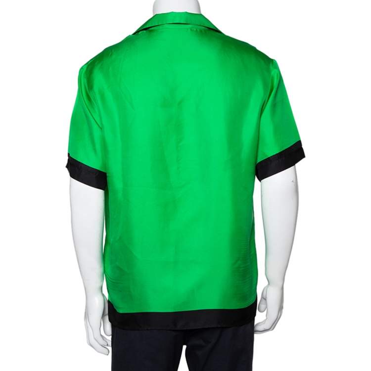 Pre Owned Gucci Green Cat Print Silk Bowling Shirt M