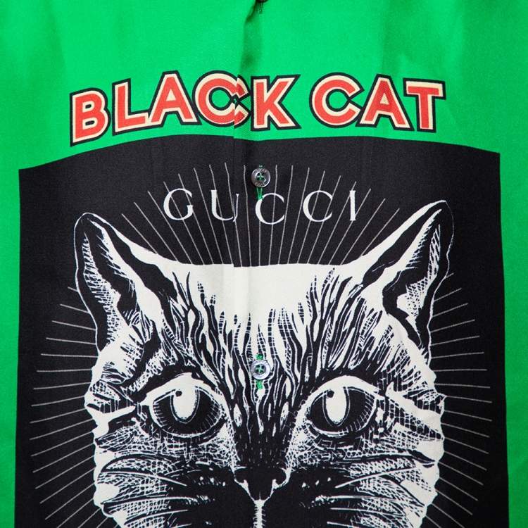 Pre Owned Gucci Green Cat Print Silk Bowling Shirt M
