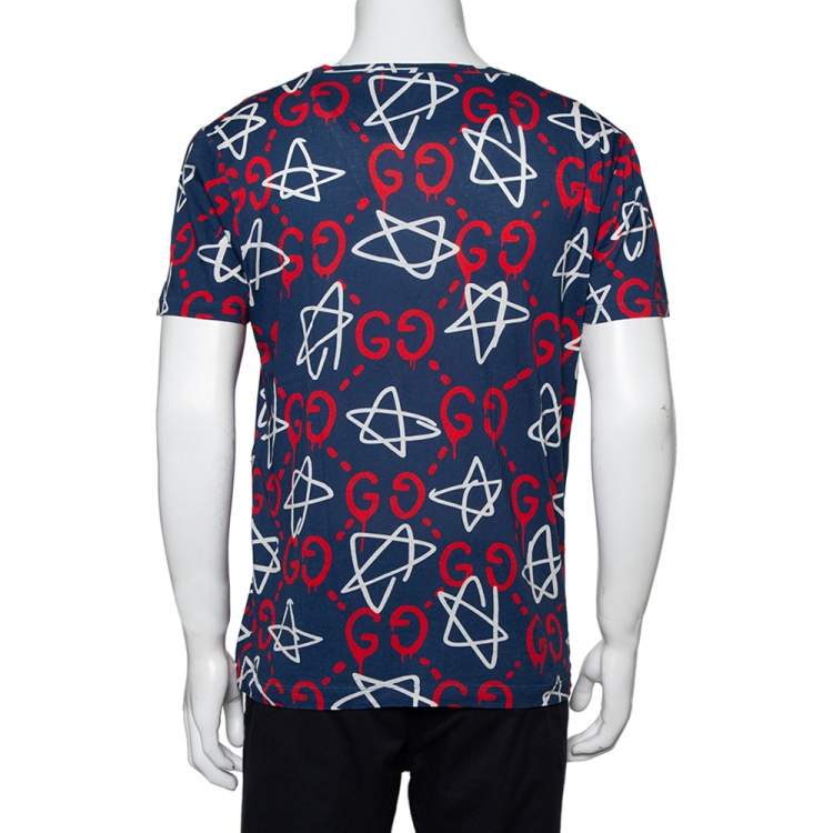 Pre Owned Gucci Blue Cotton Ghost GG Print T-Shirt S