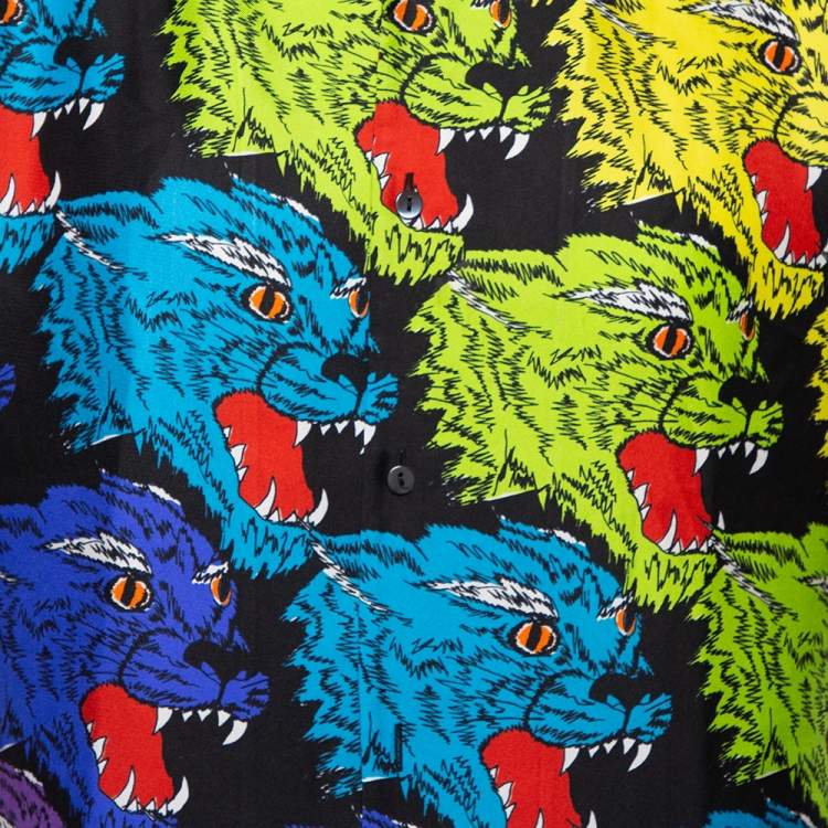 Pre Owned Gucci Multicolor Panther Print Silk Bowling Shirt S