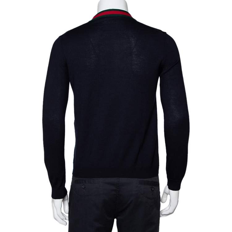 Pre Owned Gucci Ink Blue Wool Web Stripe Detail Open Front Cardigan XS