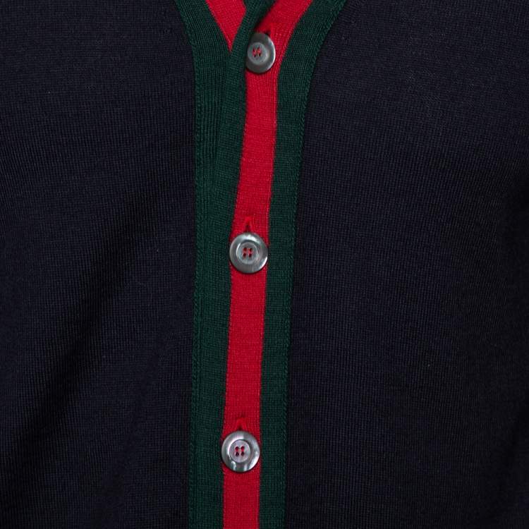 Pre Owned Gucci Ink Blue Wool Web Stripe Detail Open Front Cardigan XS