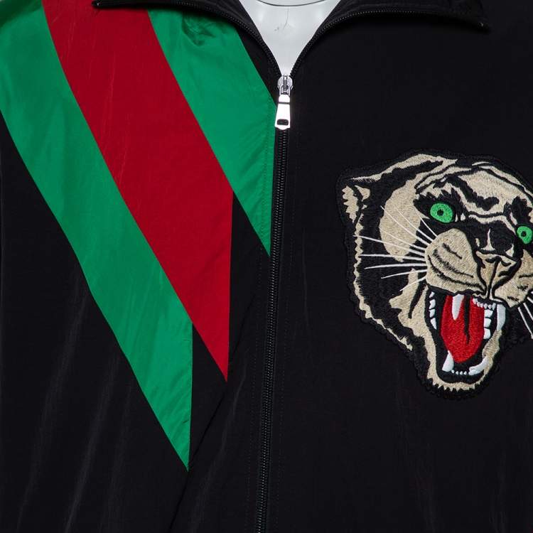 Pre Owned Gucci Black Synthetic Stripe Paneled Tiger Applique Detail Jacket S