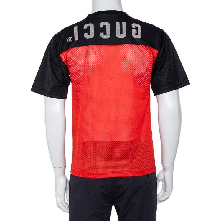Pre Owned Gucci Black Jersey & Red Mesh Ghost Printed T-Shirt XS