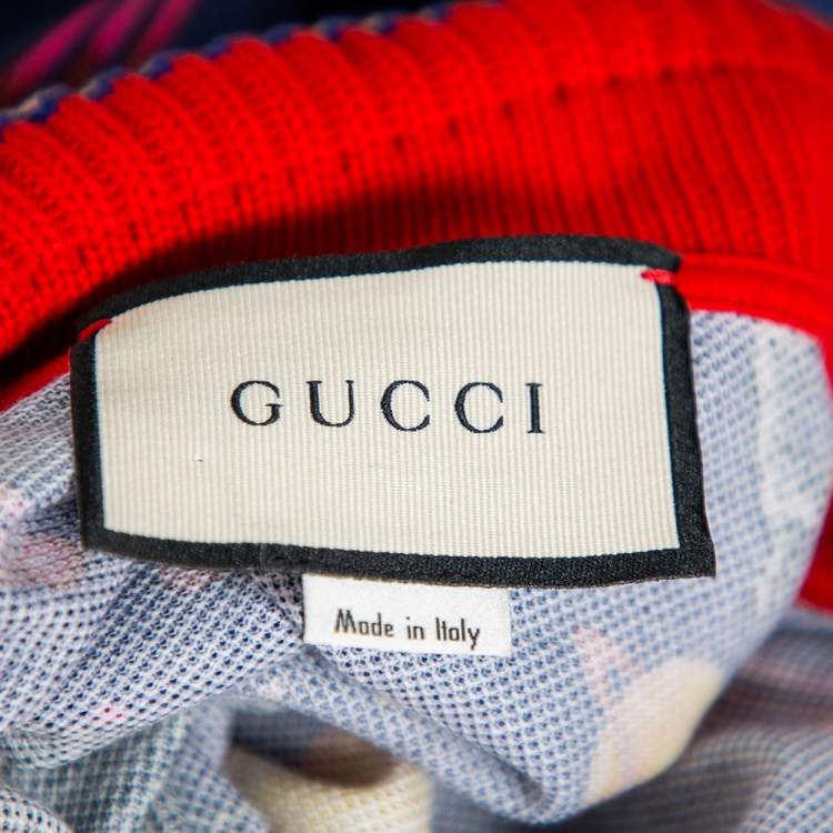 Pre Owned Gucci Blue/Red Space Animal Print Cotton Polo T-Shirt L