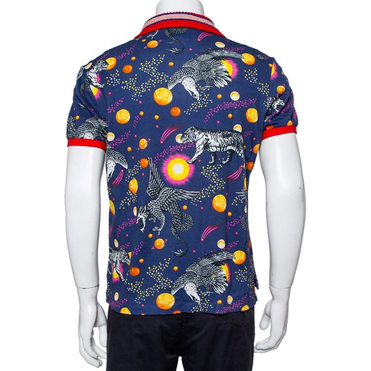 Pre Owned Gucci Blue/Red Space Animal Print Cotton Polo T-Shirt L