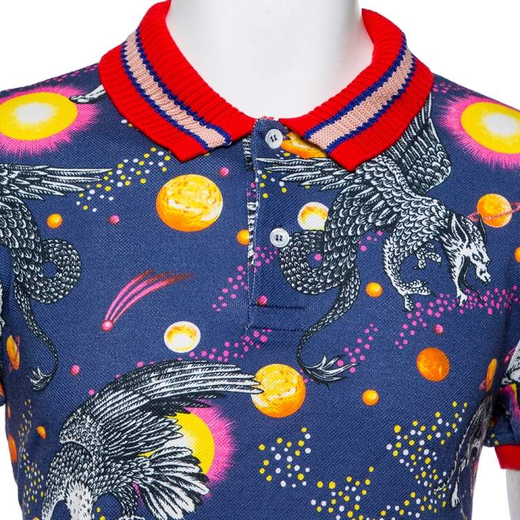 Pre Owned Gucci Blue/Red Space Animal Print Cotton Polo T-Shirt L