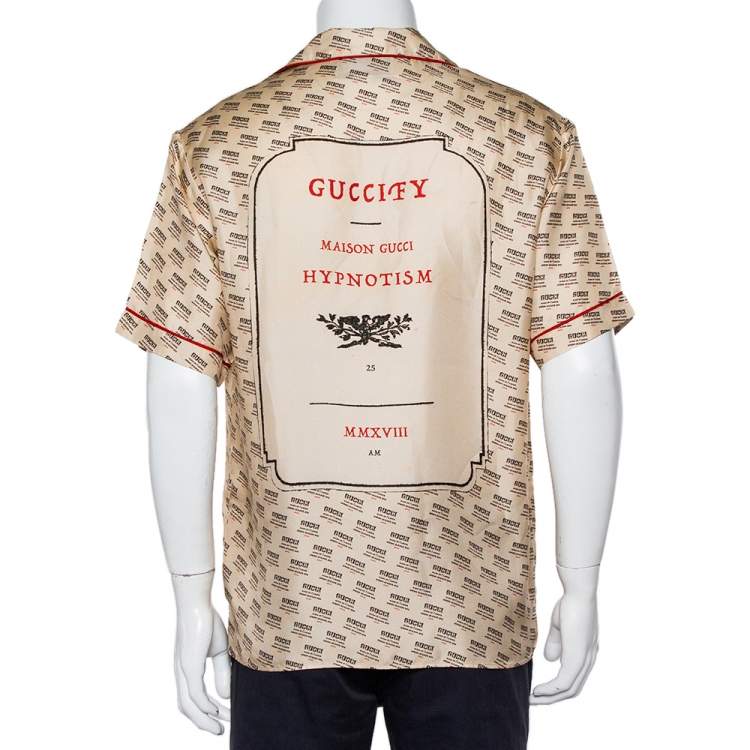 Pre Owned Gucci Beige Silk Invite Stamp Bowling Shirt M