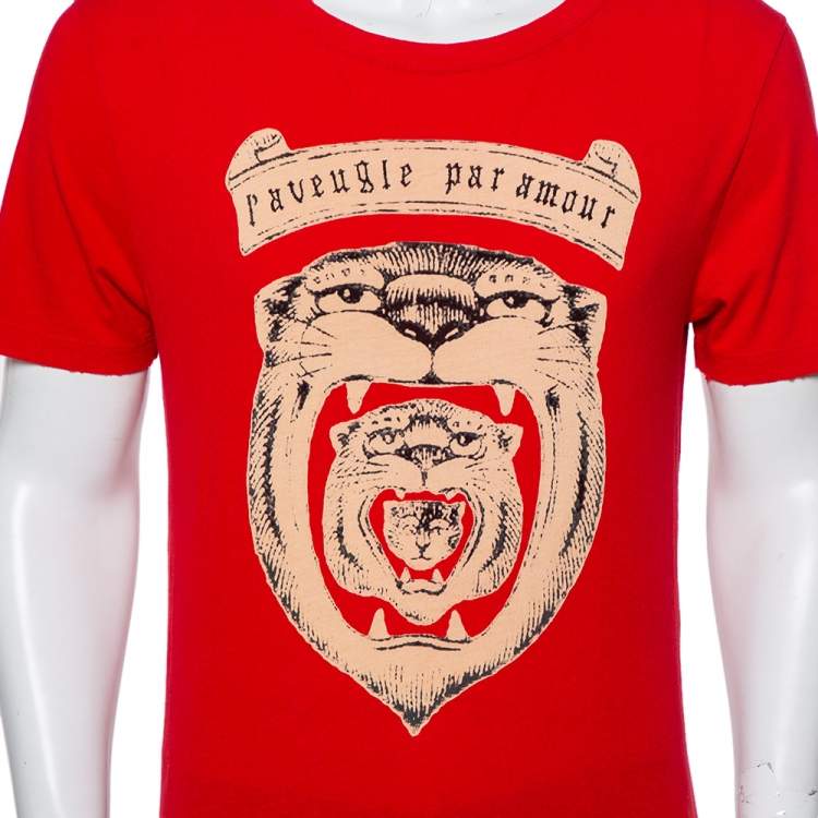 Pre Owned Gucci Red Tiger Head Print Crewneck T-Shirt XS