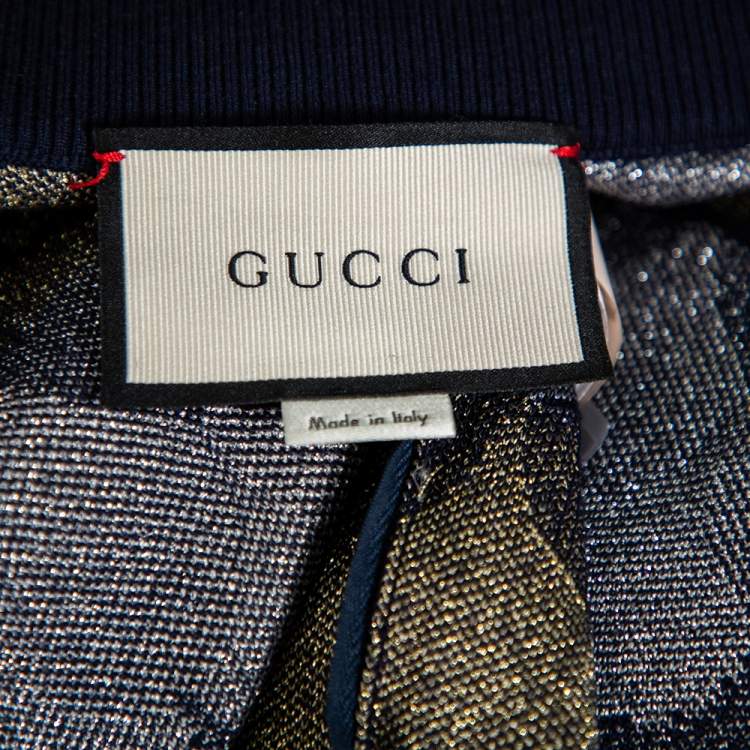 Pre Owned Gucci Navy Blue Patterned Lurex Knit Zip Front Jacket S