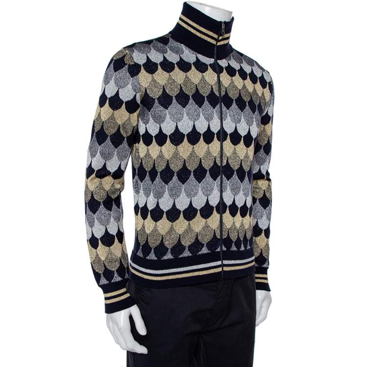 Pre Owned Gucci Navy Blue Patterned Lurex Knit Zip Front Jacket S