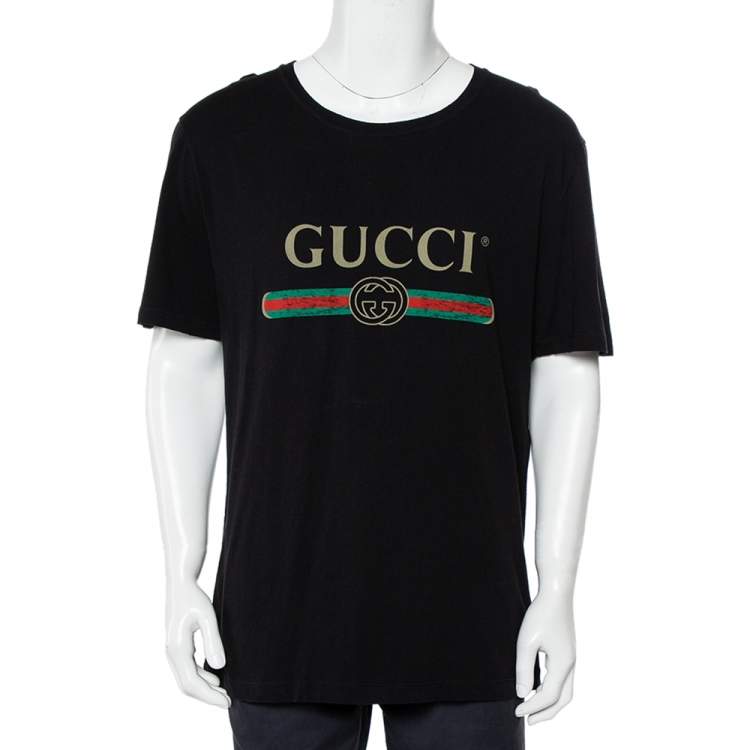Pre Owned Gucci Black Washed Logo Printed Cotton Crewneck Distressed T-Shirt L