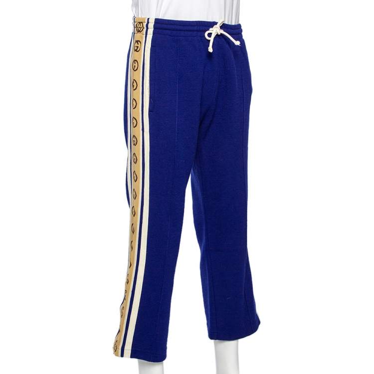 Pre Owned Gucci Blue Wool Logo Side Strip Detail Cropped Track Pants M