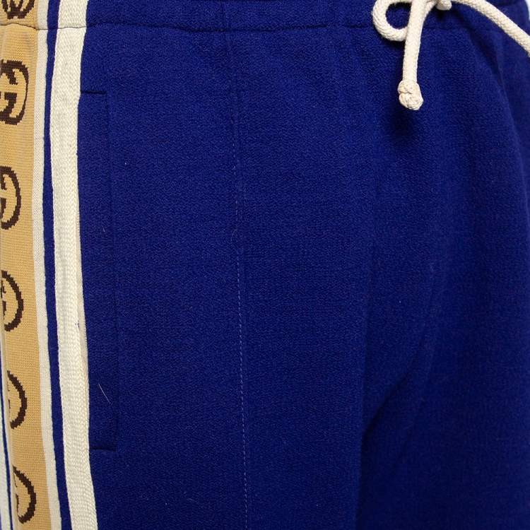 Pre Owned Gucci Blue Wool Logo Side Strip Detail Cropped Track Pants M