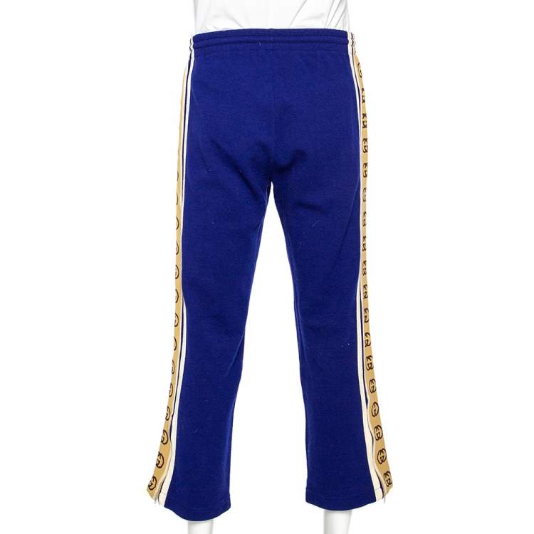 Pre Owned Gucci Blue Wool Logo Side Strip Detail Cropped Track Pants M
