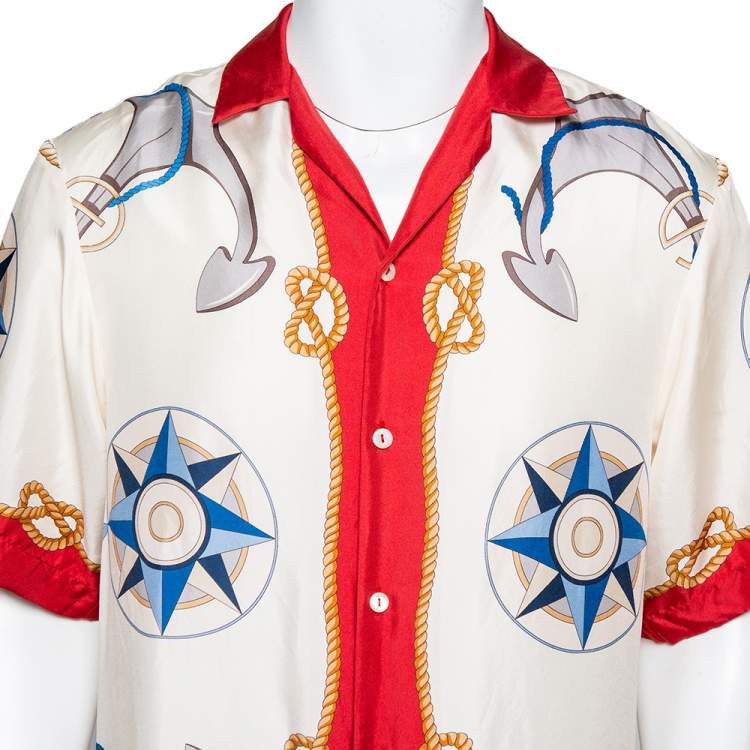 مملوكة مسبقًا Gucci Cream & Red Nautical Printed Silk Oversized Bowling Shirt XS