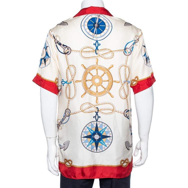مملوكة مسبقًا Gucci Cream & Red Nautical Printed Silk Oversized Bowling Shirt XS