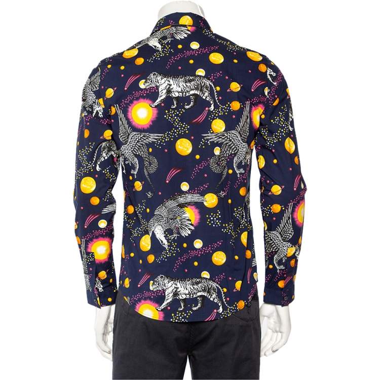 Pre Owned Gucci Navy Blue Planets & Animals Printed Cotton Button Front Shirt S