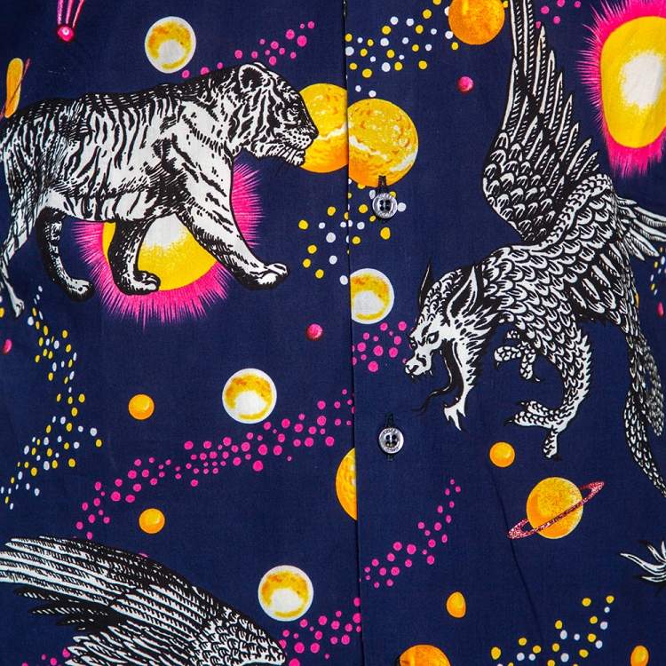 Pre Owned Gucci Navy Blue Planets & Animals Printed Cotton Button Front Shirt S