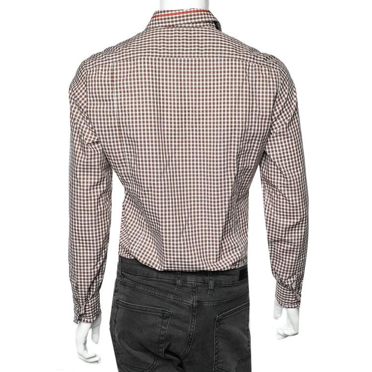 مملوكة مسبقًا Gucci Brown Checkered Cotton Patch pocket Detail Slim Fit Shirt M