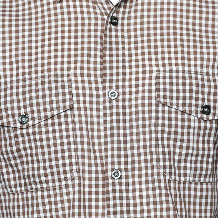 مملوكة مسبقًا Gucci Brown Checkered Cotton Patch pocket Detail Slim Fit Shirt M