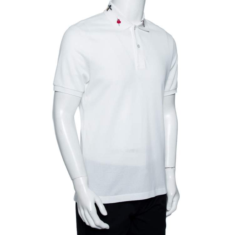 مملوكة مسبقًا Gucci White Cotton Pique Embroidered Collar Polo T-shirt L