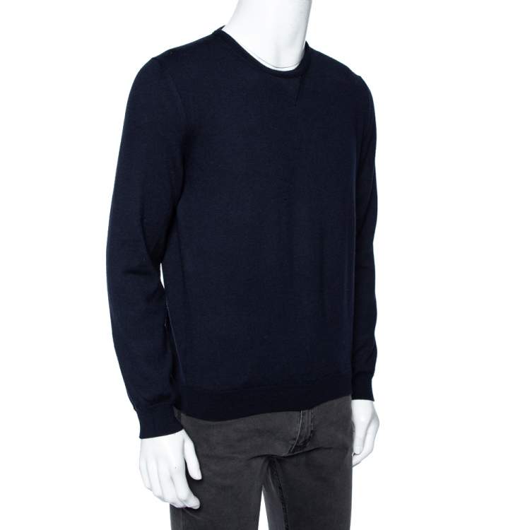 Pre Owned Gucci Navy Blue Wool Leather Tab Detail Crewneck Sweater XXL