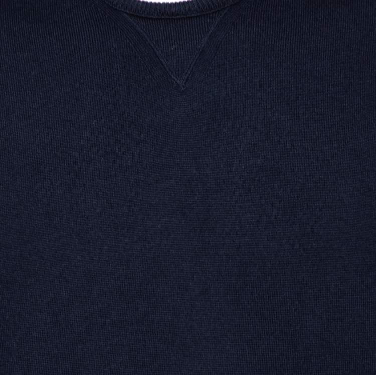 Pre Owned Gucci Navy Blue Wool Leather Tab Detail Crewneck Sweater XXL