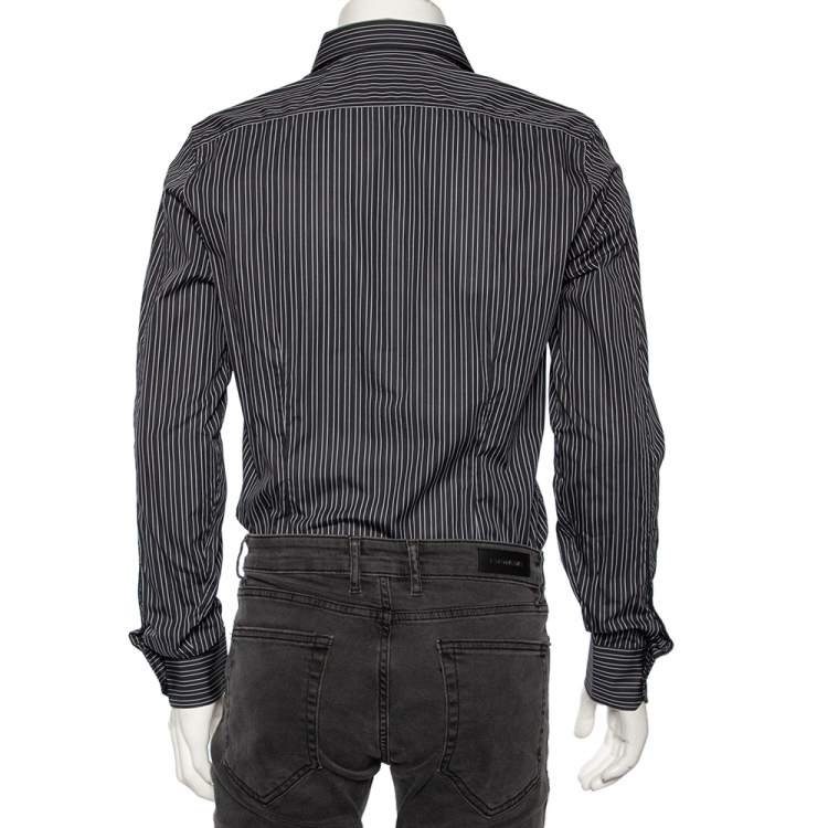 Pre Owned Gucci Dark Grey Striped Cotton Slim Front Button Shirt M