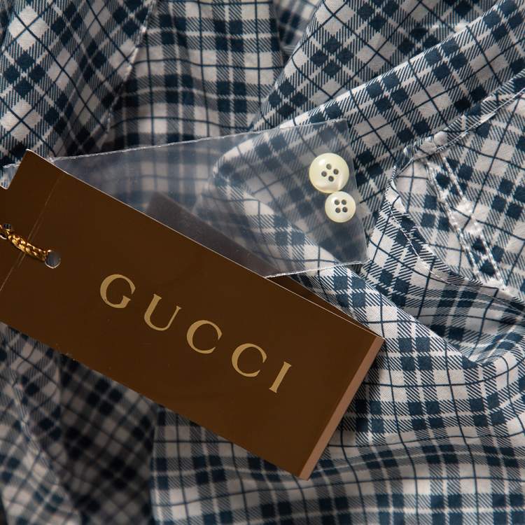 Pre Owned Gucci Blue Dupplin Checked Cotton Front Button Fitted Shirt M 