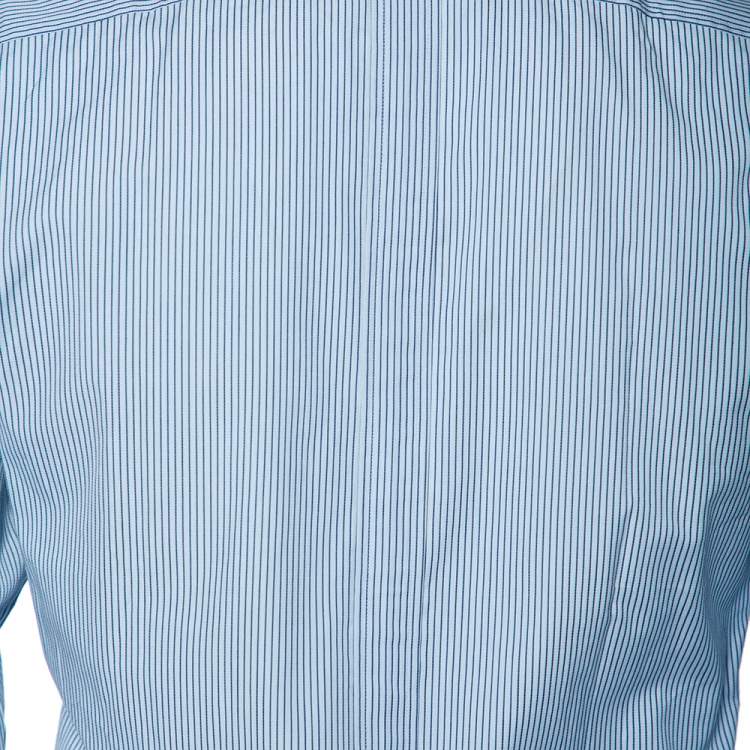 مملوكة مسبقًا Gucci Blue Striped Cotton Logo Embroidered Detail Slim Fit Shirt M