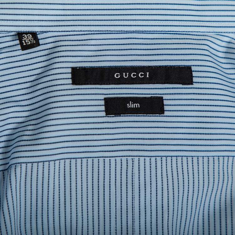 مملوكة مسبقًا Gucci Blue Striped Cotton Logo Embroidered Detail Slim Fit Shirt M