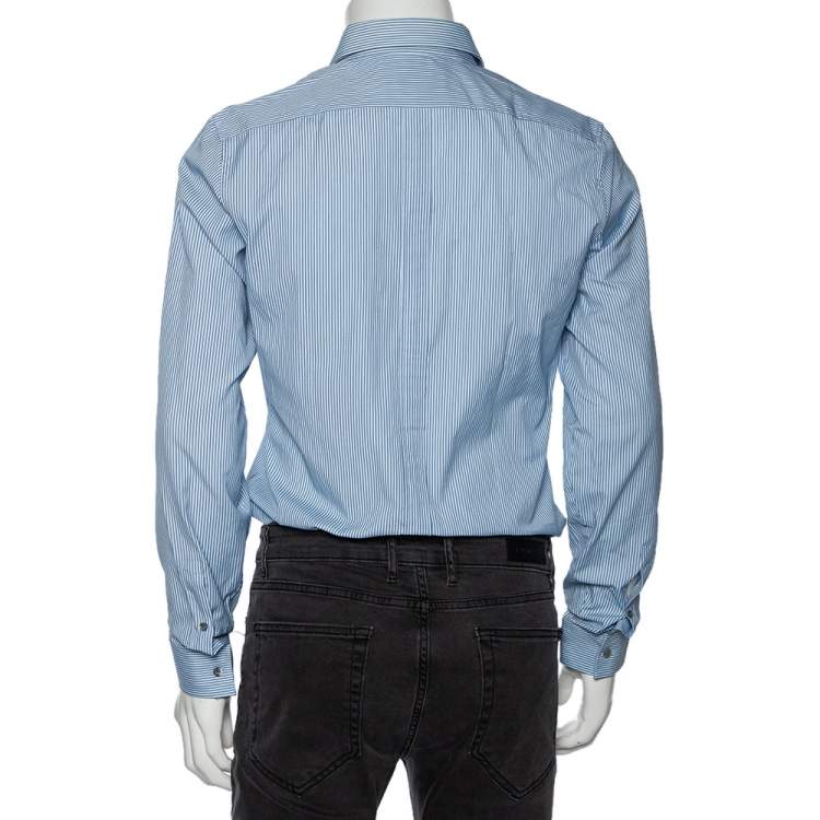 مملوكة مسبقًا Gucci Blue Striped Cotton Logo Embroidered Detail Slim Fit Shirt M