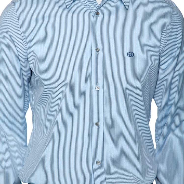مملوكة مسبقًا Gucci Blue Striped Cotton Logo Embroidered Detail Slim Fit Shirt M