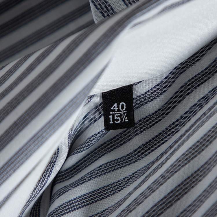 Pre Owned Gucci Grey Striped Cotton Pocket Logo Detail Button Front Shirt M