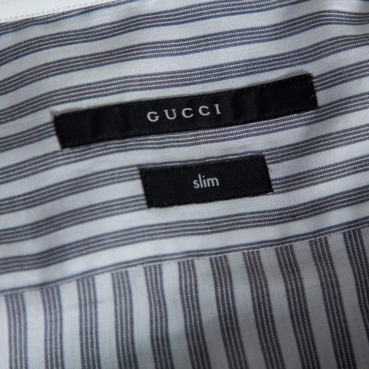 Pre Owned Gucci Grey Striped Cotton Pocket Logo Detail Button Front Shirt M