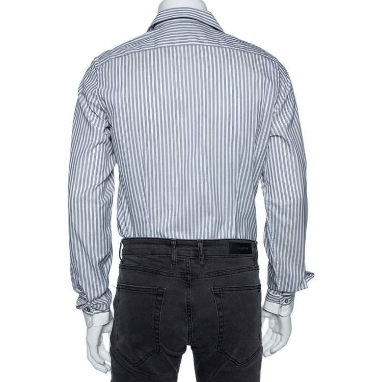 Pre Owned Gucci Grey Striped Cotton Pocket Logo Detail Button Front Shirt M