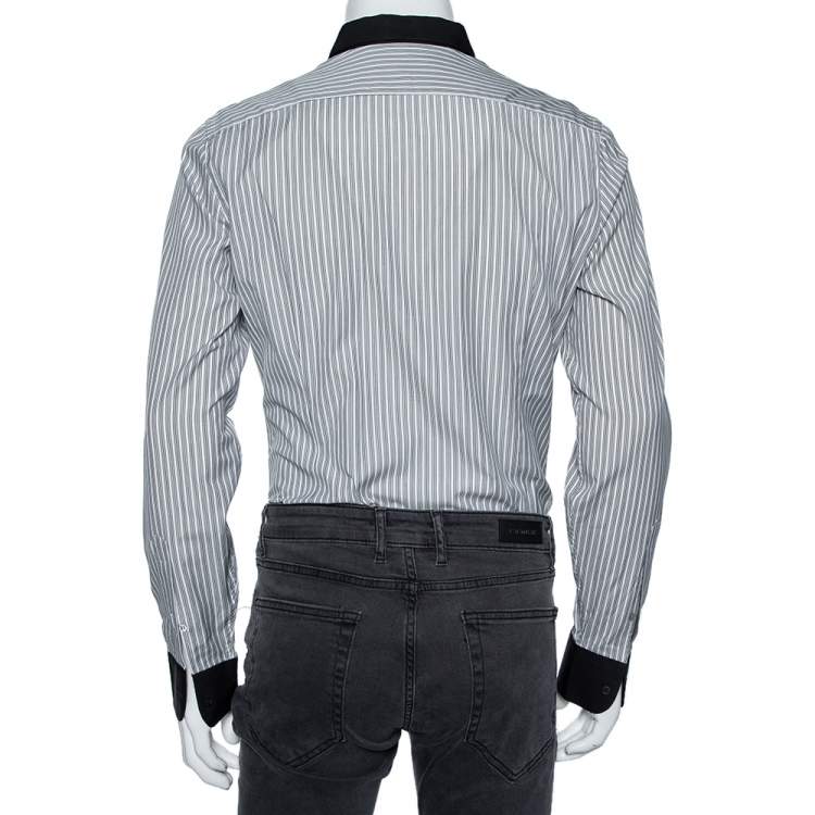 Pre Owned Gucci Grey Striped Cotton Contrast Collar and Cuff Detail Shirt M