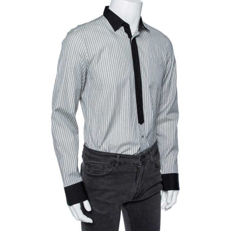 Pre Owned Gucci Grey Striped Cotton Contrast Collar and Cuff Detail Shirt M
