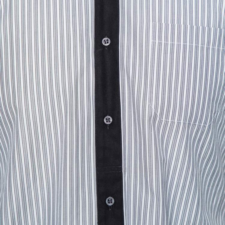 Pre Owned Gucci Grey Striped Cotton Contrast Collar and Cuff Detail Shirt M