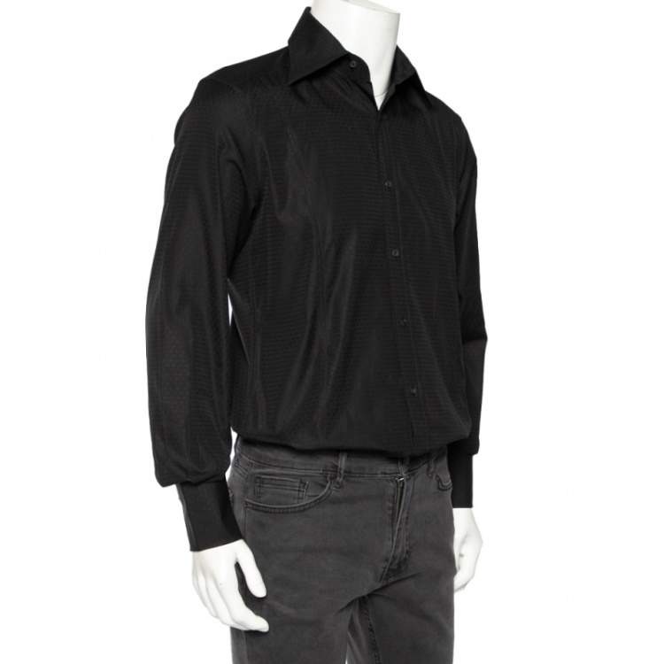 Pre Owned Gucci Black Cotton Jacquard Logo Detail Fitted Shirt M 