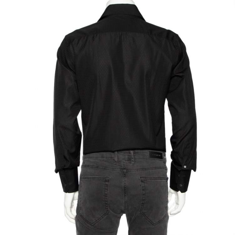 Pre Owned Gucci Black Cotton Jacquard Logo Detail Fitted Shirt M 