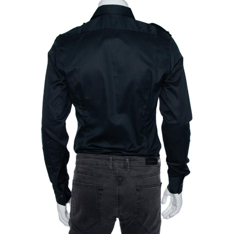 Pre Owned Gucci Black Cotton Epaulette Detail Button Front Shirt M