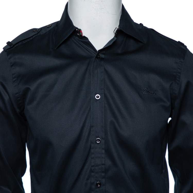 Pre Owned Gucci Black Cotton Epaulette Detail Button Front Shirt M