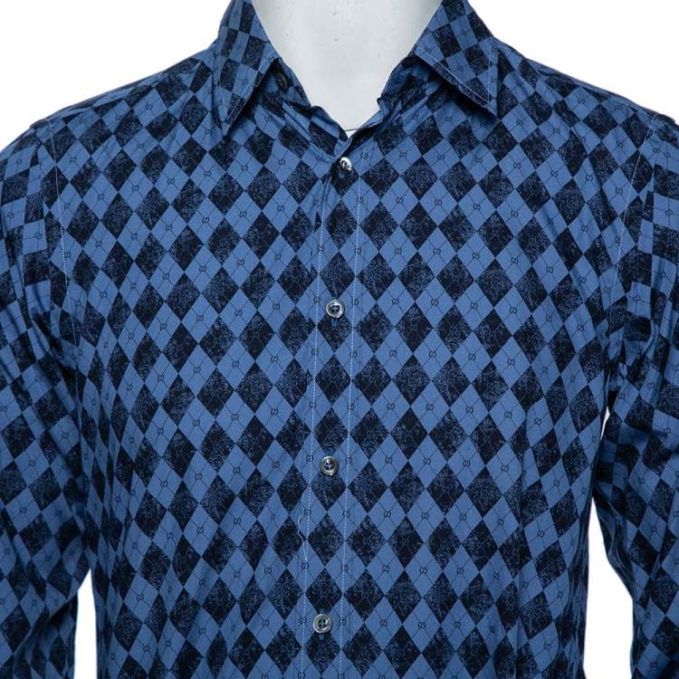 Pre Owned Gucci Blue Cotton Argyle Logo Monogram Button Front Fitted Shirt M 