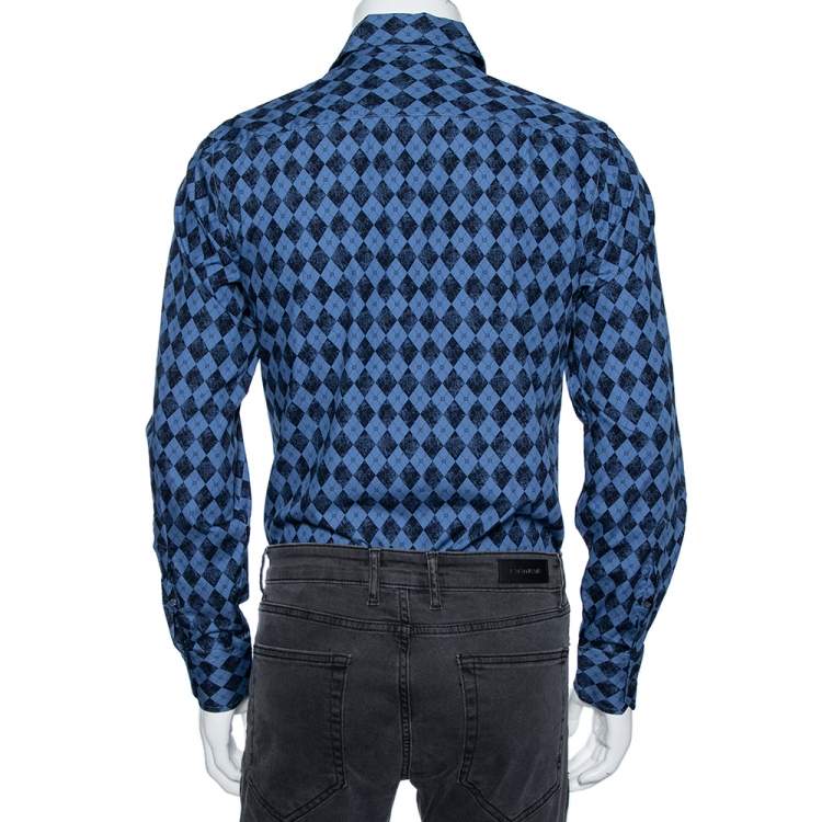 Pre Owned Gucci Blue Cotton Argyle Logo Monogram Button Front Fitted Shirt M 